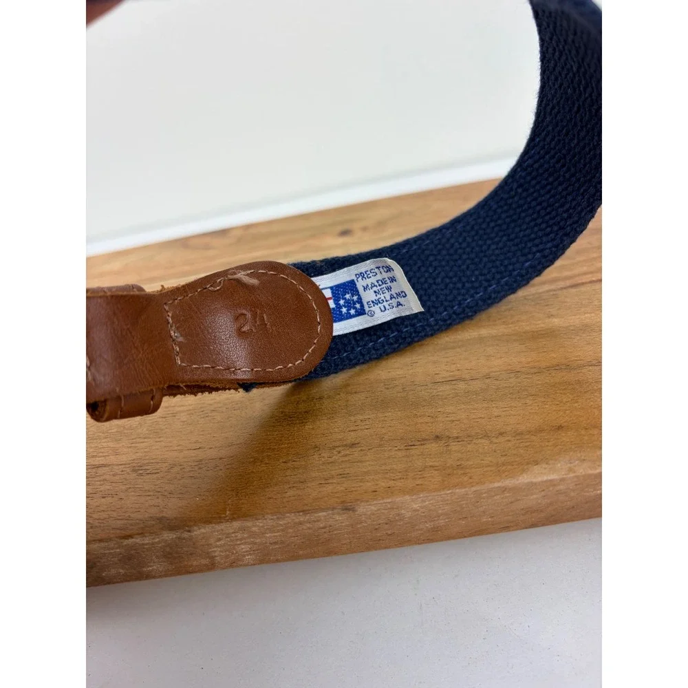 Preston Belt 24 Navy Blue Tuna Fish Embroidered Nautical Preppy Canvas Leather